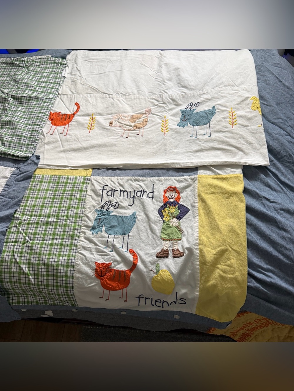The Land of Nod Farmyard friends twin bed sheet set.  7 piece set.